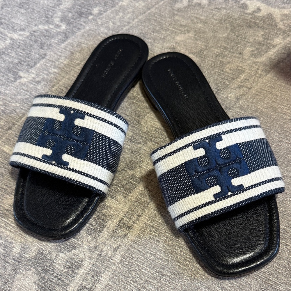 Tory Burch Navy and White Logo Stripe Slide Sandals